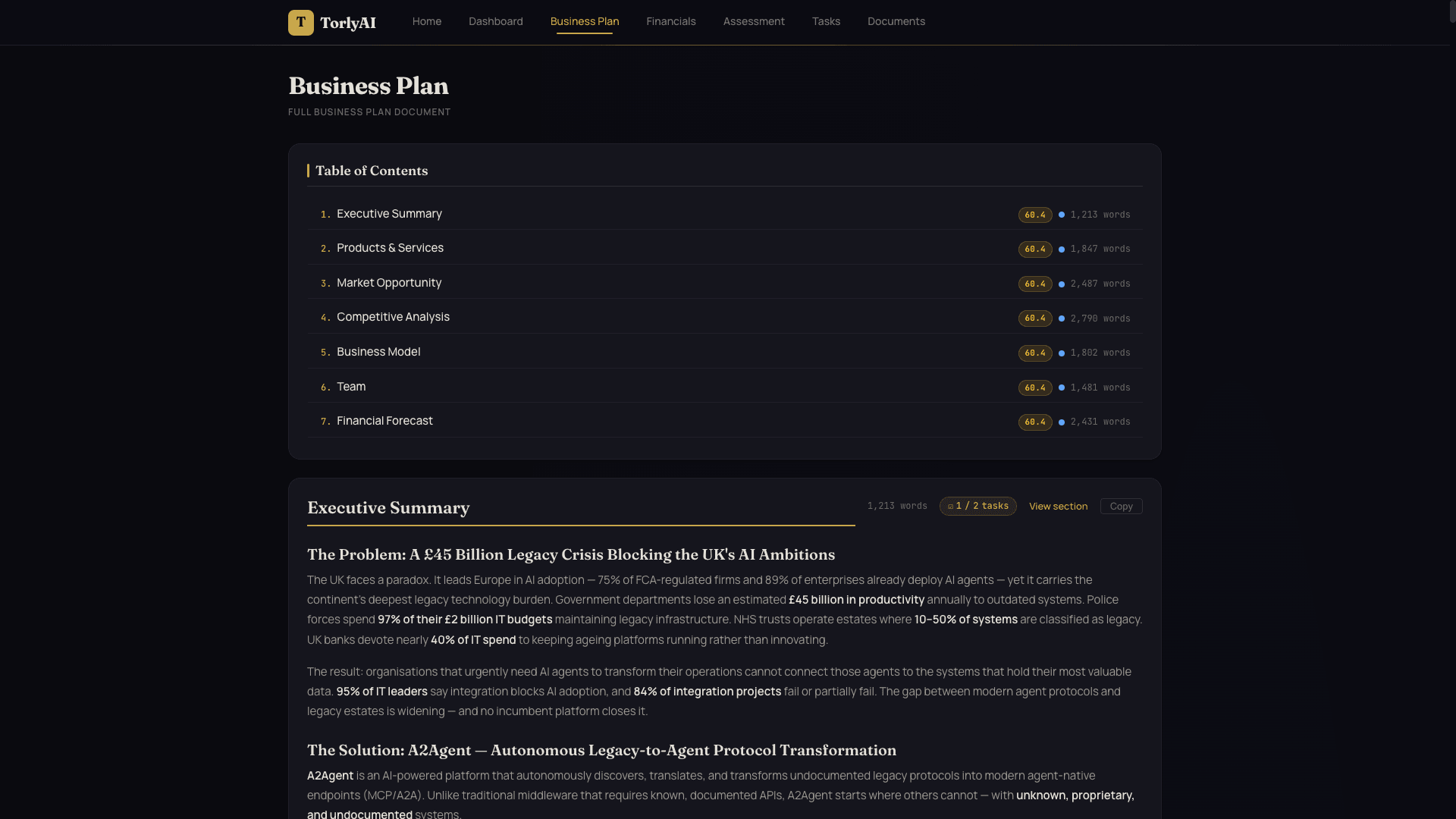 TorlyAI Business Plan — 7-section table of contents with word counts and Executive Summary